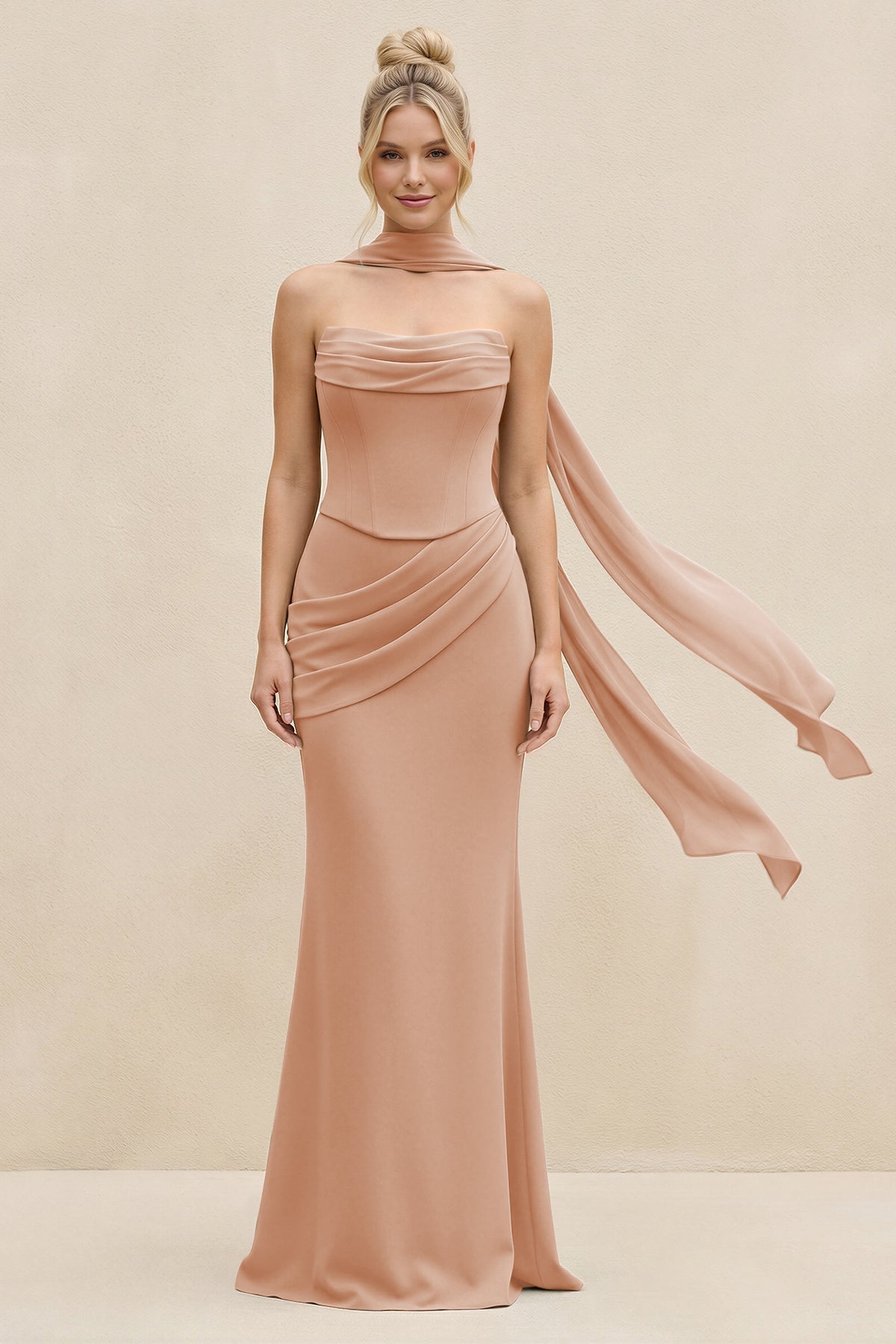 KissProm Cowl Neck Sheath Chiffon Bridesmaid Dress with Ribbon in Champagne Rose, Champagne Rose / 14
