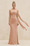 Cowl Neck Sheath Chiffon Bridesmaid Dress with Ribbon in Champagne Rose - KissProm Bridesmaid Dresses