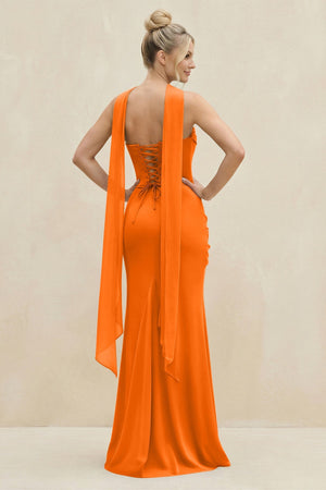 Cowl Neck Sheath Chiffon Bridesmaid Dress with Ribbon in Cinnamon - KissProm Bridesmaid Dresses