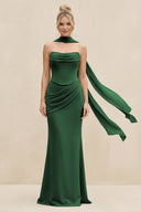 Cowl Neck Sheath Chiffon Bridesmaid Dress with Ribbon in Dark Green - KissProm Bridesmaid Dresses