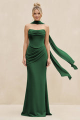 Cowl Neck Sheath Chiffon Bridesmaid Dress with Ribbon in Dark Green - KissProm Bridesmaid Dresses