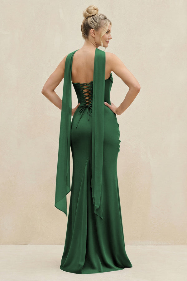 Cowl Neck Sheath Chiffon Bridesmaid Dress with Ribbon in Dark Green - KissProm Bridesmaid Dresses