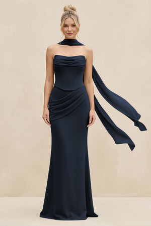 Cowl Neck Sheath Chiffon Bridesmaid Dress with Ribbon in Dark Navy - KissProm Bridesmaid Dresses