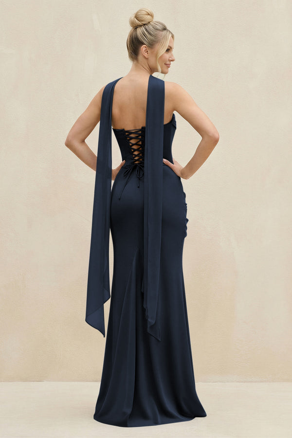 Cowl Neck Sheath Chiffon Bridesmaid Dress with Ribbon in Dark Navy - KissProm Bridesmaid Dresses