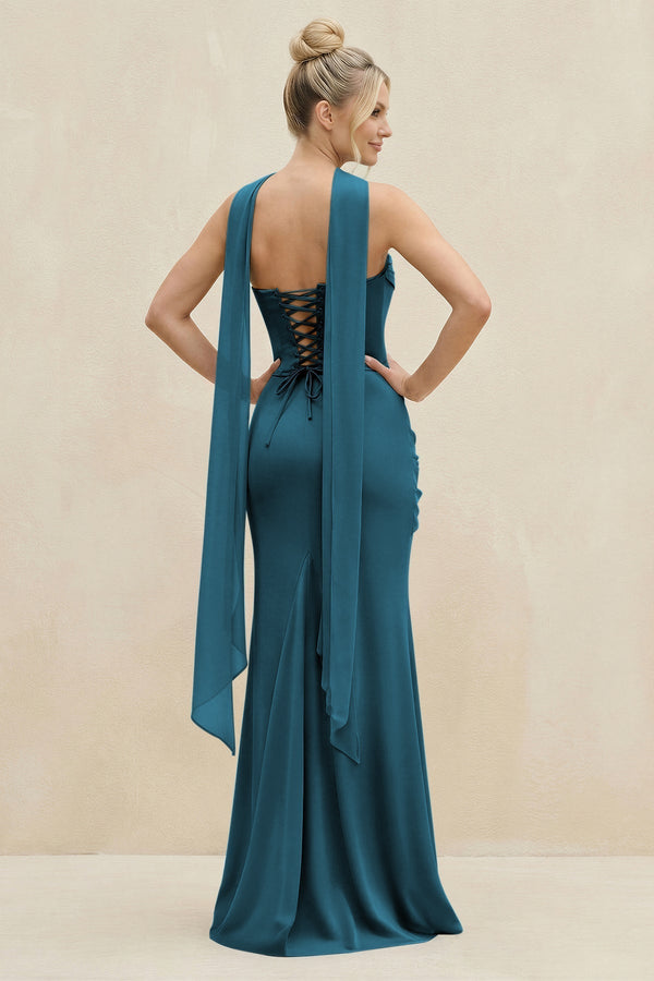 Cowl Neck Sheath Chiffon Bridesmaid Dress with Ribbon in Dark Teal - KissProm Bridesmaid Dresses