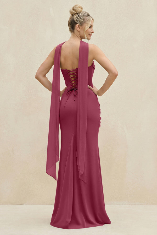 Cowl Neck Sheath Chiffon Bridesmaid Dress with Ribbon in Desert Rose - KissProm Bridesmaid Dresses