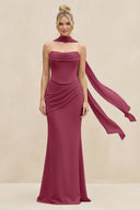 Cowl Neck Sheath Chiffon Bridesmaid Dress with Ribbon in Desert Rose - KissProm Bridesmaid Dresses