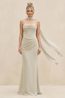 Cowl Neck Sheath Chiffon Bridesmaid Dress with Ribbon in Dove Gray - KissProm Bridesmaid Dresses