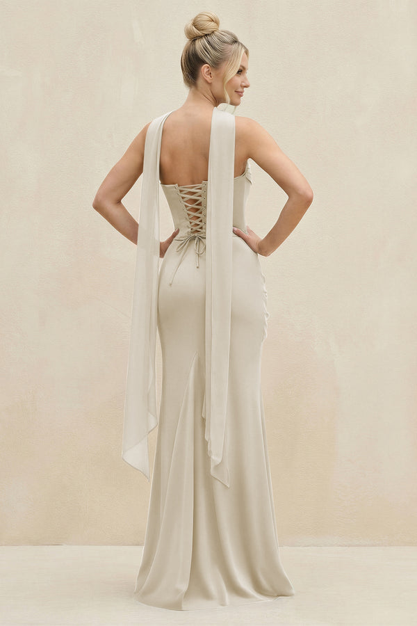 Cowl Neck Sheath Chiffon Bridesmaid Dress with Ribbon in Dove Gray - KissProm Bridesmaid Dresses