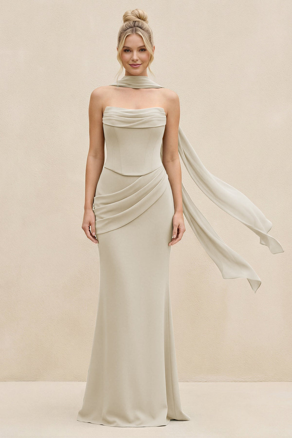 Cowl Neck Sheath Chiffon Bridesmaid Dress with Ribbon in Dove Gray - KissProm Bridesmaid Dresses