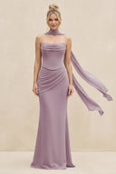 Cowl Neck Sheath Chiffon Bridesmaid Dress with Ribbon in Dusk - KissProm Bridesmaid Dresses