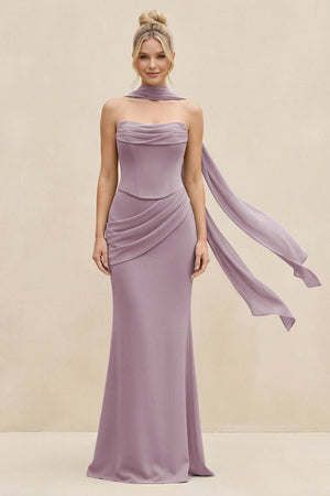 Cowl Neck Sheath Chiffon Bridesmaid Dress with Ribbon in Dusk - KissProm Bridesmaid Dresses