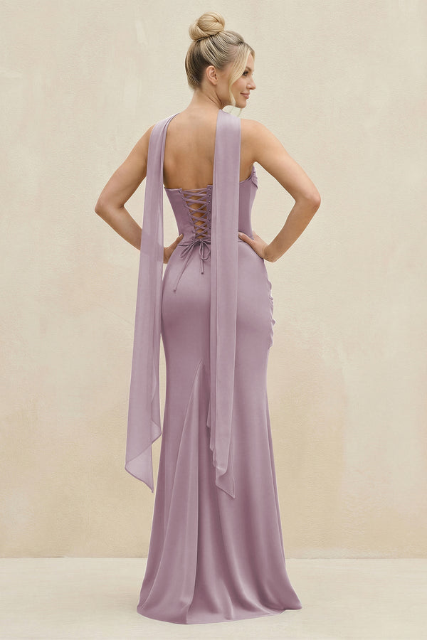 Cowl Neck Sheath Chiffon Bridesmaid Dress with Ribbon in Dusk - KissProm Bridesmaid Dresses