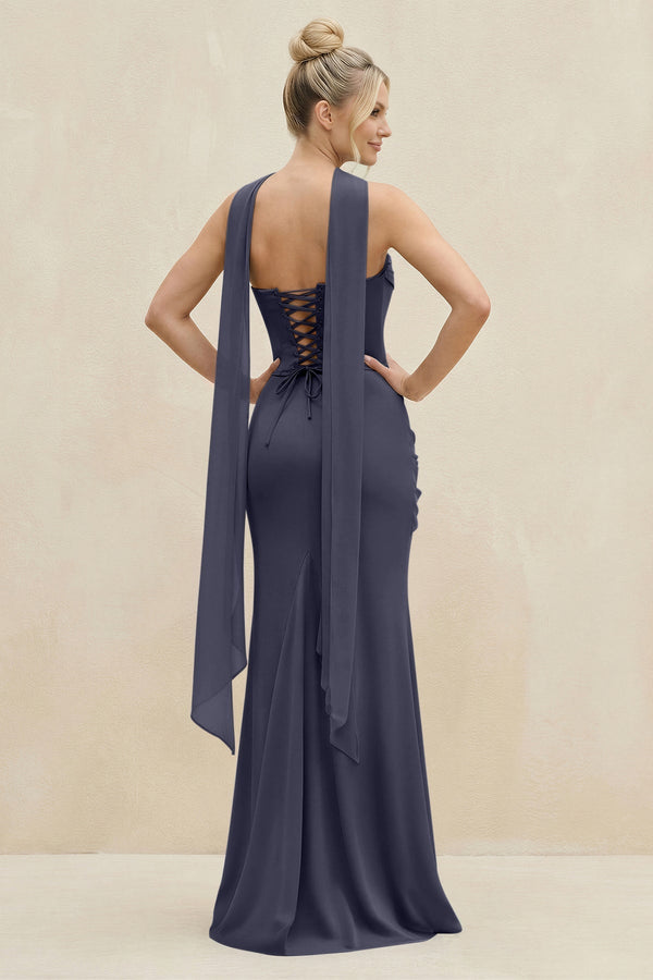 Cowl Neck Sheath Chiffon Bridesmaid Dress with Ribbon in Dusk Blue - KissProm Bridesmaid Dresses