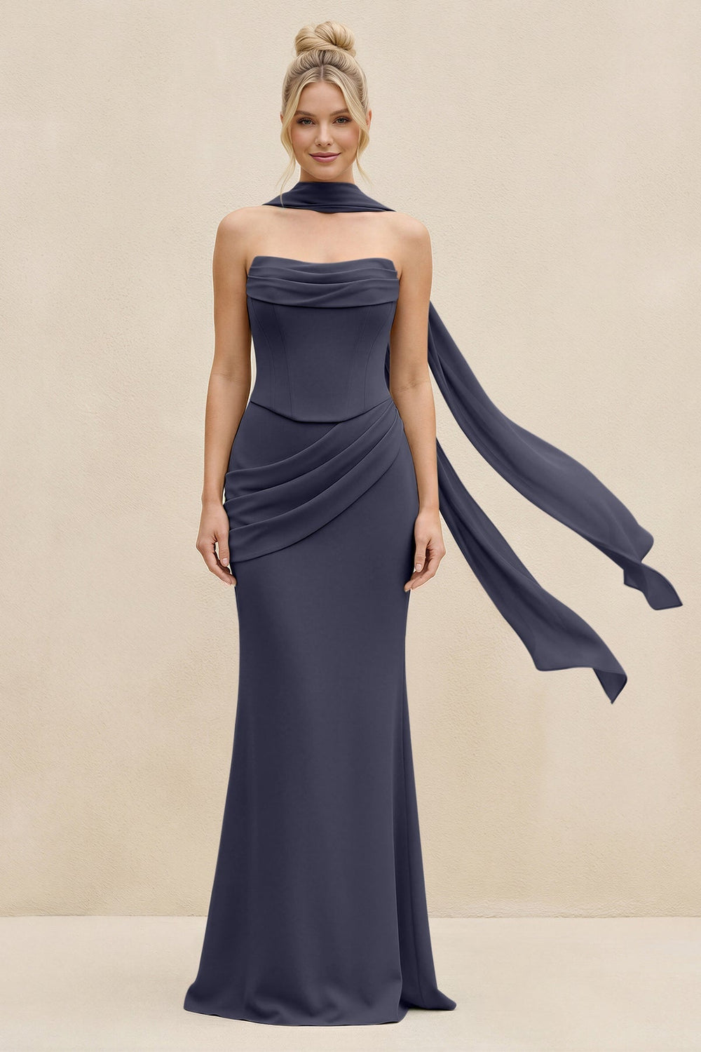 Cowl Neck Sheath Chiffon Bridesmaid Dress with Ribbon in Dusk Blue - KissProm Bridesmaid Dresses