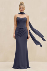 Cowl Neck Sheath Chiffon Bridesmaid Dress with Ribbon in Dusk Blue - KissProm Bridesmaid Dresses