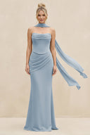 Cowl Neck Sheath Chiffon Bridesmaid Dress with Ribbon in Dusty Blue - KissProm Bridesmaid Dresses
