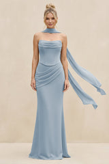 Cowl Neck Sheath Chiffon Bridesmaid Dress with Ribbon in Dusty Blue - KissProm Bridesmaid Dresses