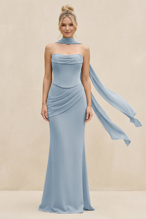 Cowl Neck Sheath Chiffon Bridesmaid Dress with Ribbon in Dusty Blue - KissProm Bridesmaid Dresses
