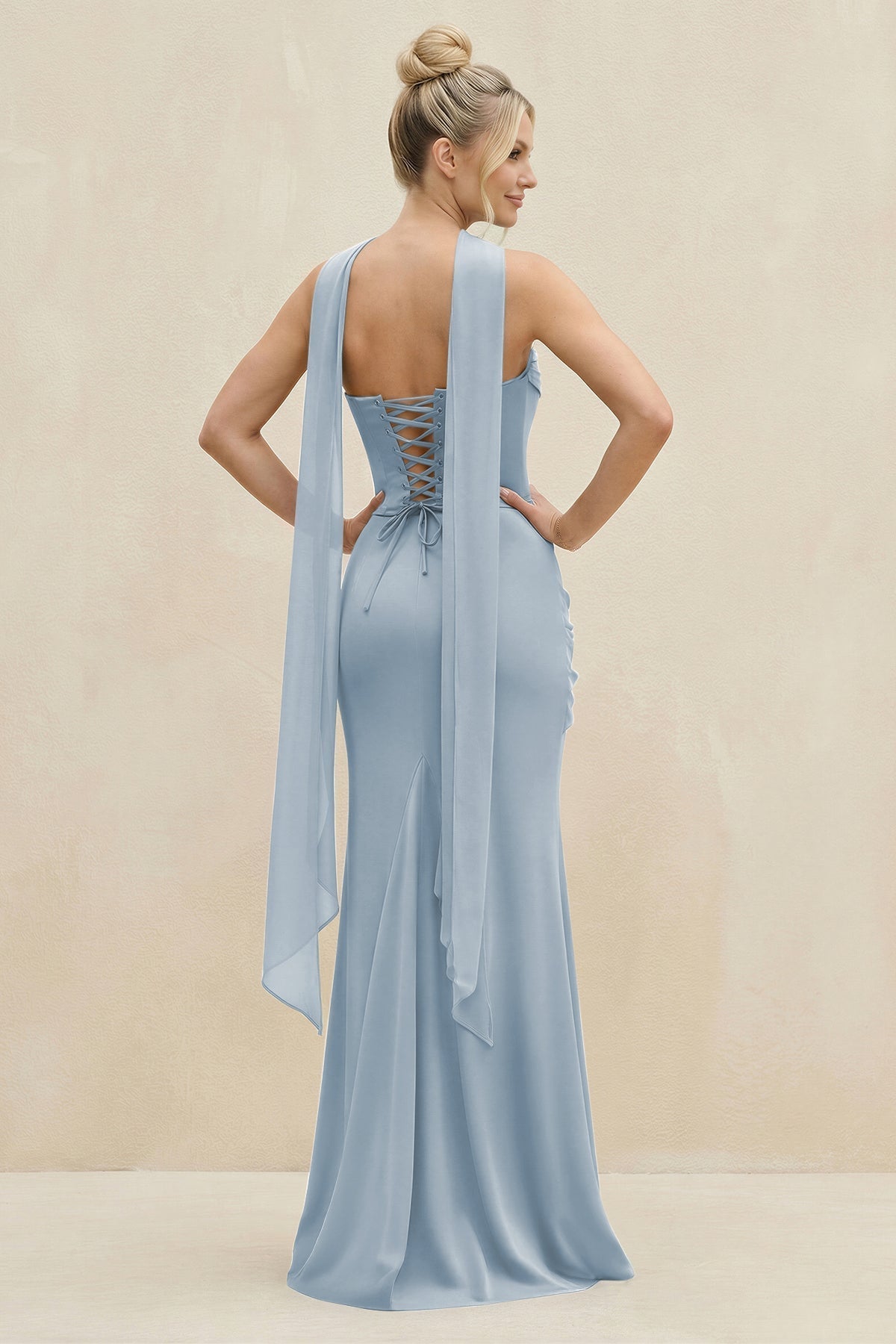 KissProm Cowl Neck Sheath Chiffon Bridesmaid Dress with Ribbon in Dusty Blue, Dusty Blue / 12