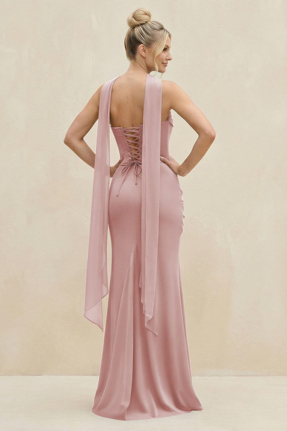 Cowl Neck Sheath Chiffon Bridesmaid Dress with Ribbon in Dusty Rose - KissProm Bridesmaid Dresses