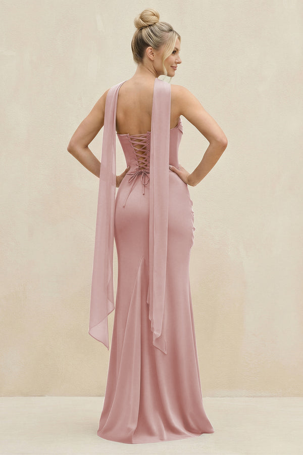Cowl Neck Sheath Chiffon Bridesmaid Dress with Ribbon in Dusty Rose - KissProm Bridesmaid Dresses