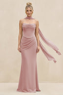 Cowl Neck Sheath Chiffon Bridesmaid Dress with Ribbon in Dusty Rose - KissProm Bridesmaid Dresses
