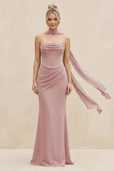 Cowl Neck Sheath Chiffon Bridesmaid Dress with Ribbon in Dusty Rose - KissProm Bridesmaid Dresses