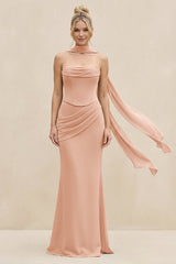 Cowl Neck Sheath Chiffon Bridesmaid Dress with Ribbon in English Rose - KissProm Bridesmaid Dresses