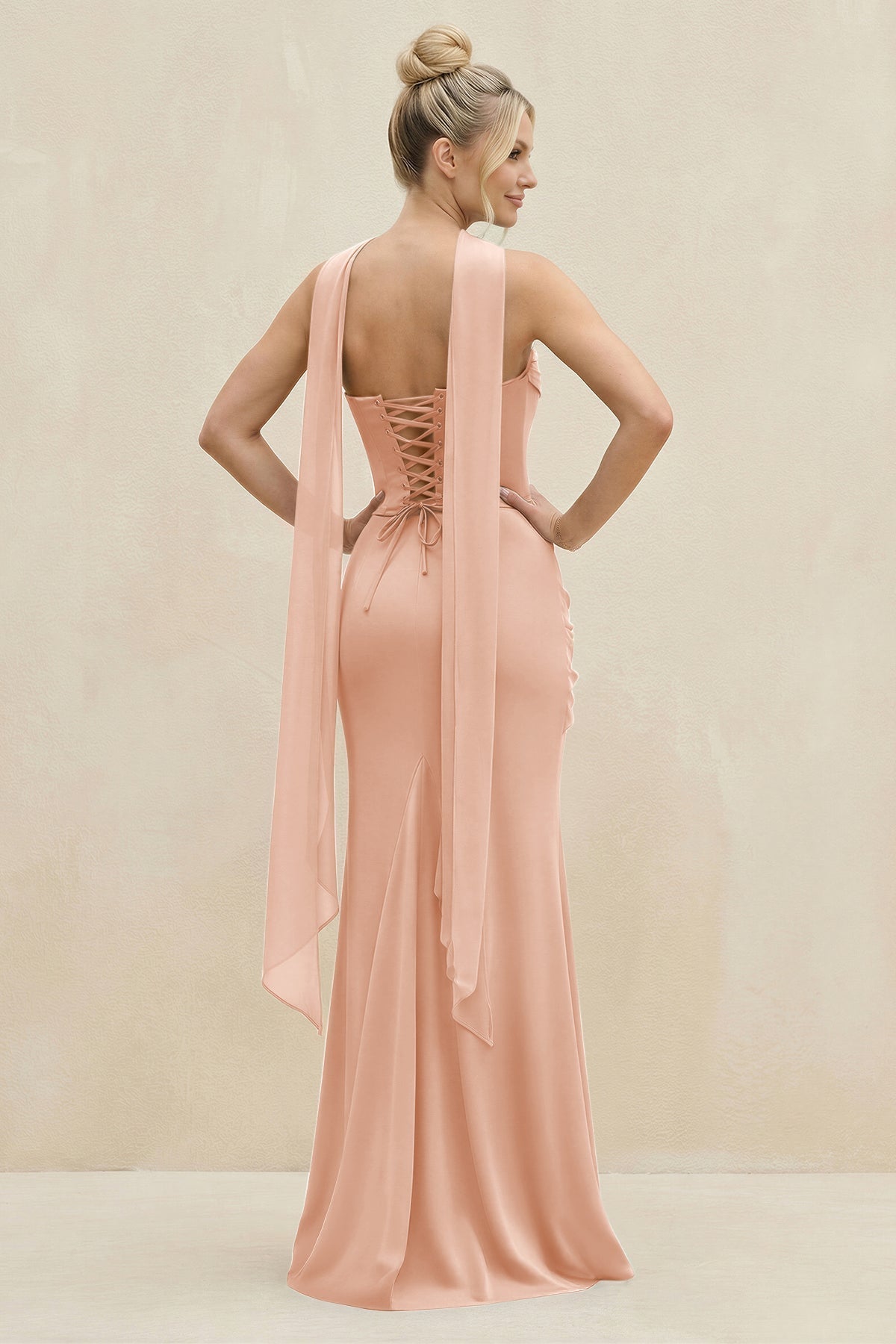 KissProm Cowl Neck Sheath Chiffon Bridesmaid Dress with Ribbon in English Rose, English Rose / 18