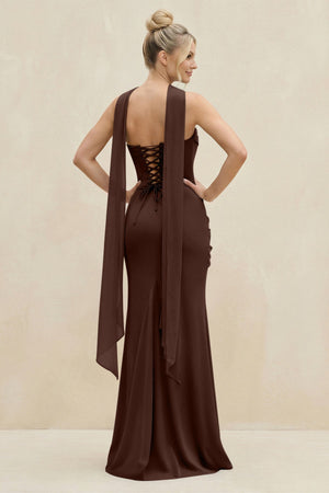 Cowl Neck Sheath Chiffon Bridesmaid Dress with Ribbon in Espresso - KissProm Bridesmaid Dresses