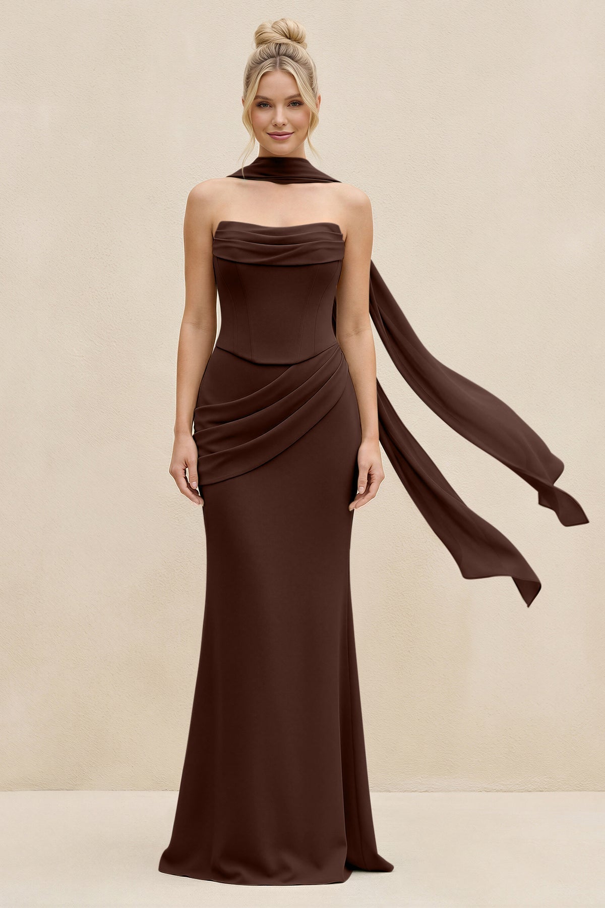 KissProm Cowl Neck Sheath Chiffon Bridesmaid Dress with Ribbon in Espresso, Espresso / 12