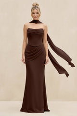 Cowl Neck Sheath Chiffon Bridesmaid Dress with Ribbon in Espresso - KissProm Bridesmaid Dresses