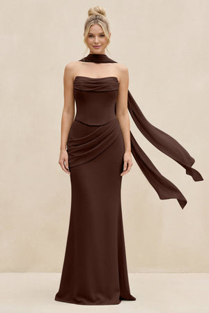 Cowl Neck Sheath Chiffon Bridesmaid Dress with Ribbon in Espresso - KissProm Bridesmaid Dresses