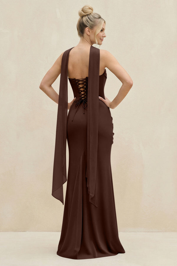Cowl Neck Sheath Chiffon Bridesmaid Dress with Ribbon in Espresso - KissProm Bridesmaid Dresses