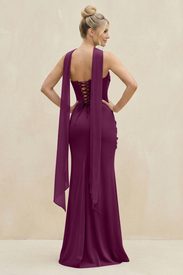 Cowl Neck Sheath Chiffon Bridesmaid Dress with Ribbon in Fig - KissProm Bridesmaid Dresses