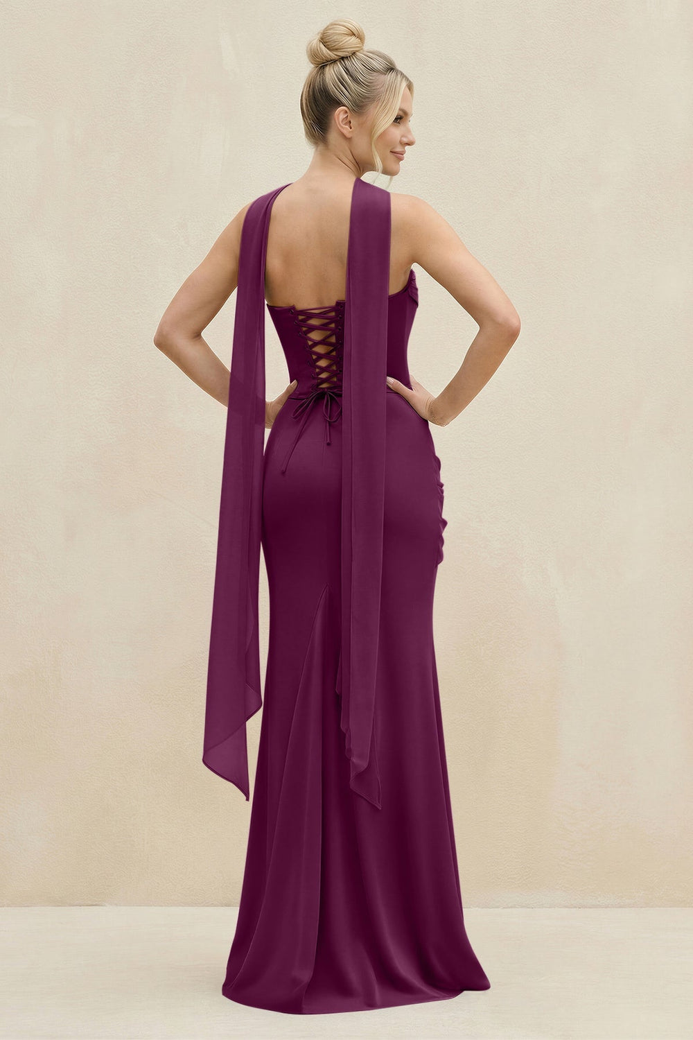 Cowl Neck Sheath Chiffon Bridesmaid Dress with Ribbon in Fig - KissProm Bridesmaid Dresses