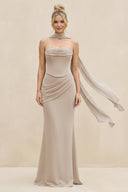 Cowl Neck Sheath Chiffon Bridesmaid Dress with Ribbon in Frost - KissProm Bridesmaid Dresses