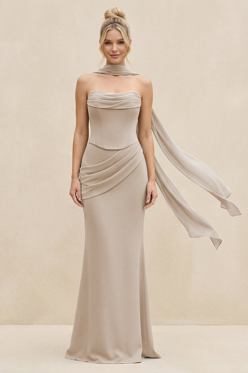 Cowl Neck Sheath Chiffon Bridesmaid Dress with Ribbon in Frost - KissProm Bridesmaid Dresses