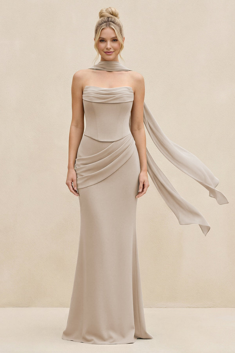 Cowl Neck Sheath Chiffon Bridesmaid Dress with Ribbon in Frost - KissProm Bridesmaid Dresses