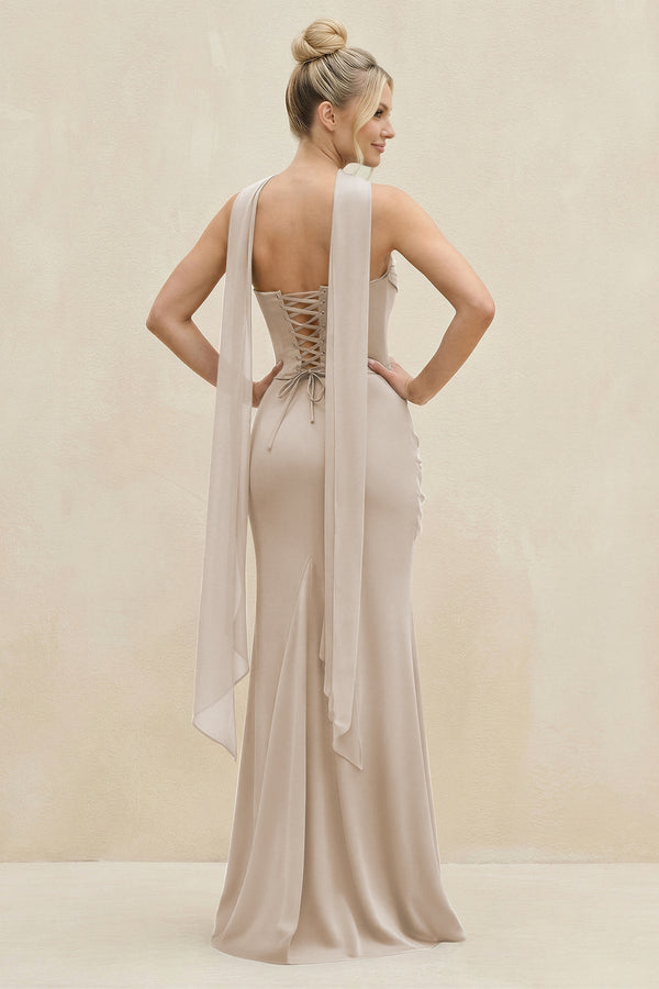 Cowl Neck Sheath Chiffon Bridesmaid Dress with Ribbon in Frost - KissProm Bridesmaid Dresses