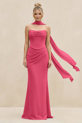 Cowl Neck Sheath Chiffon Bridesmaid Dress with Ribbon in Fuchsia - KissProm Bridesmaid Dresses