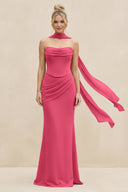 Cowl Neck Sheath Chiffon Bridesmaid Dress with Ribbon in Fuchsia - KissProm Bridesmaid Dresses