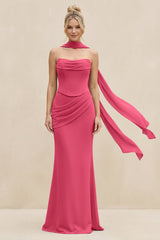 Cowl Neck Sheath Chiffon Bridesmaid Dress with Ribbon in Fuchsia - KissProm Bridesmaid Dresses