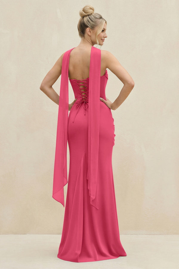 Cowl Neck Sheath Chiffon Bridesmaid Dress with Ribbon in Fuchsia - KissProm Bridesmaid Dresses