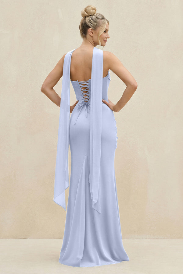 Cowl Neck Sheath Chiffon Bridesmaid Dress with Ribbon in Ice - KissProm Bridesmaid Dresses