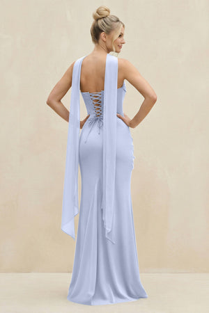 Cowl Neck Sheath Chiffon Bridesmaid Dress with Ribbon in Ice - KissProm Bridesmaid Dresses