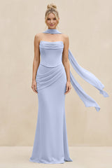Cowl Neck Sheath Chiffon Bridesmaid Dress with Ribbon in Ice - KissProm Bridesmaid Dresses