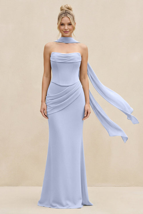 Cowl Neck Sheath Chiffon Bridesmaid Dress with Ribbon in Ice - KissProm Bridesmaid Dresses