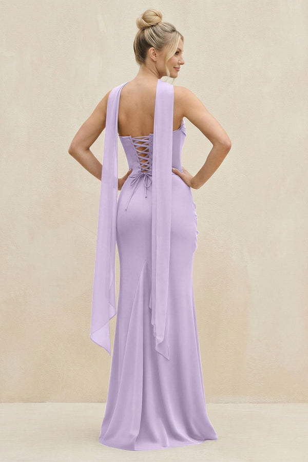 Cowl Neck Sheath Chiffon Bridesmaid Dress with Ribbon in Lavender - KissProm Bridesmaid Dresses